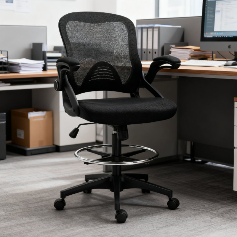 Ergonomic High-Heigh Office Drafting Chair with Adjustable Footrest and Flip-Up Armrests for Professional Studios and Workspaces