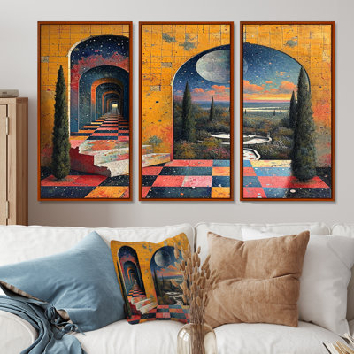 Retro Futuristic Surrealism Infinity Hall - Cityscape Wall Art Living Room Set
