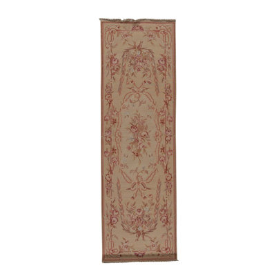 Tapis rose / vert / beige en laine noué à la main de conception unique 2 pi 6 po x 8 pi