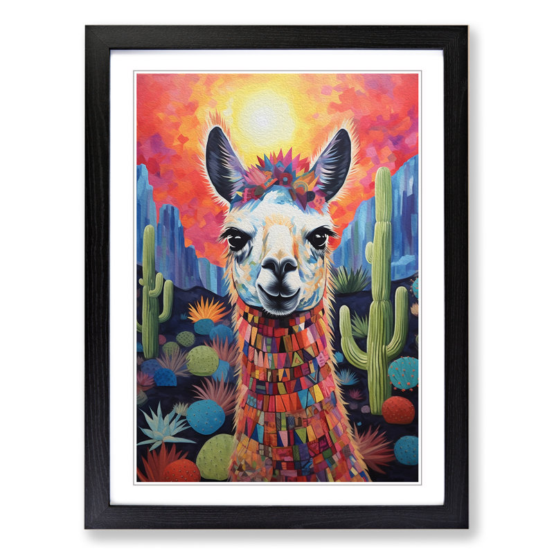 XYZ-FRM-V1223-4306 Llama Symbolism - Single Picture Frame Print on Wood, 64cm H x 46cm W x 2cm D, Black