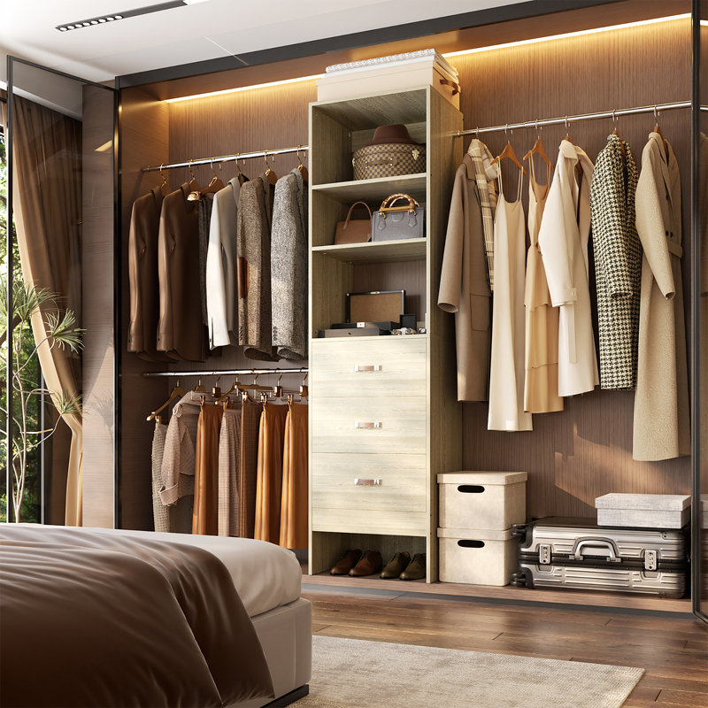 21"-96" Closet System With 3 Drawers And 3 Rods(Can Be Cut To Fit), Oak Wood