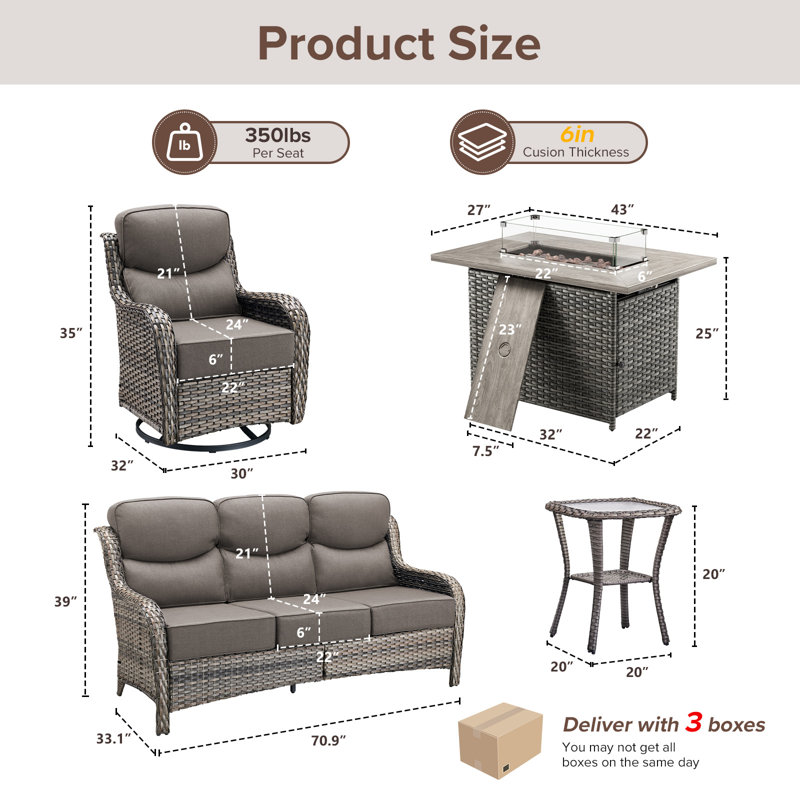Abbey 5-Piece Wicker Patio Conversation Set With Fire Pit Table & 6-Inch Luxury Cushions Swivel Chairs, Side Table, Gray