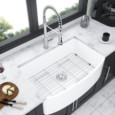 Évier de cuisine à tablier simple en céramique blanche à cuve arquée 30 "