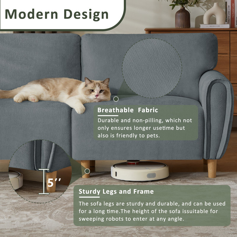 Grand canapé en chenille moderne, petite causeuse pour espace gris, Gris chenille