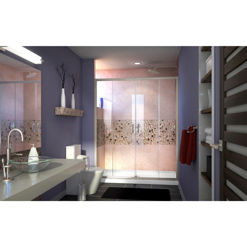 DreamLine Visions 34 inch D x 60 inch W x 74 3/4 inch H Semi-Frameless Sliding Shower Door in Chrome with Center Drain White Shower Base Kit