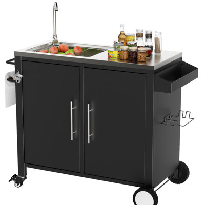 Station de rangement pour chariot d'extérieur 38 po x 18 po 35 po, en acier inoxydable 304, avec bac de rangement et table poubelle amovible, roues verrouillables à une grande capacité