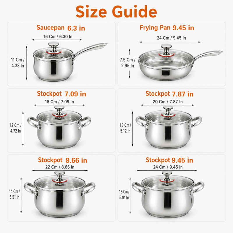 Ensemble de 6 pièces de batterie de cuisine en acier inoxydable avec couvercle, en forme de tambour, résistant à la chaleur, adapté à la cuisson à la vapeur, à la cuisson et à la friture.
