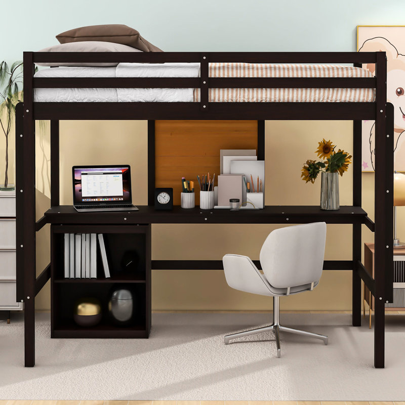 Lit mezzanine simple avec bureau et Fascination - Fabrication en bois massif au choix, Lit simple, Espresso