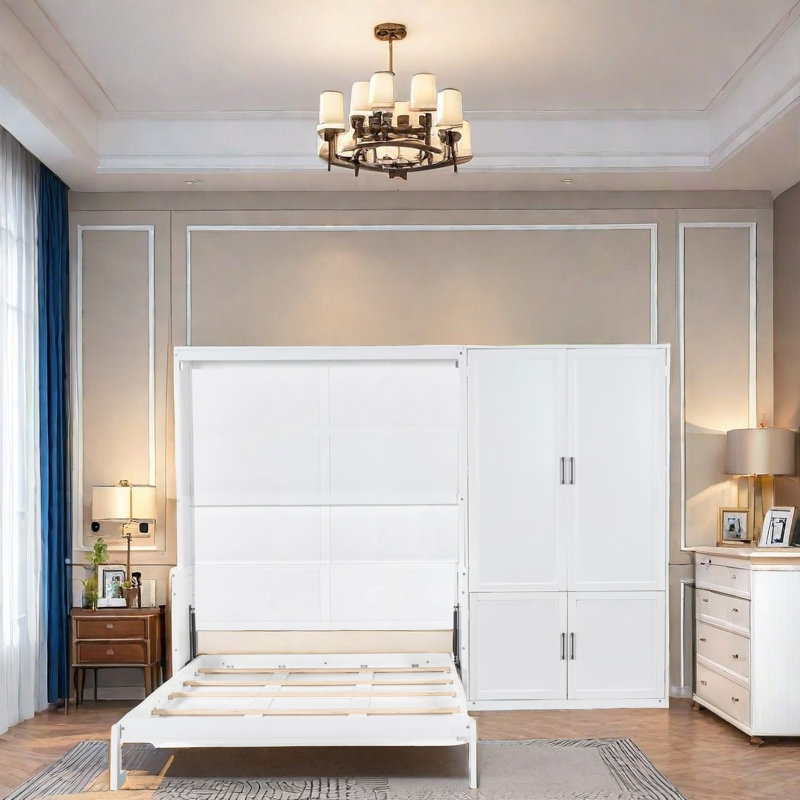 Lit escamotable avec rabat latéral, système de levage hydraulique, rangement pour garde-robe intégré, lit mural peu encombrant avec lattes flexibles, conception moderne pour chambre d'amis, bureau à domicile ou gymnase à domicile