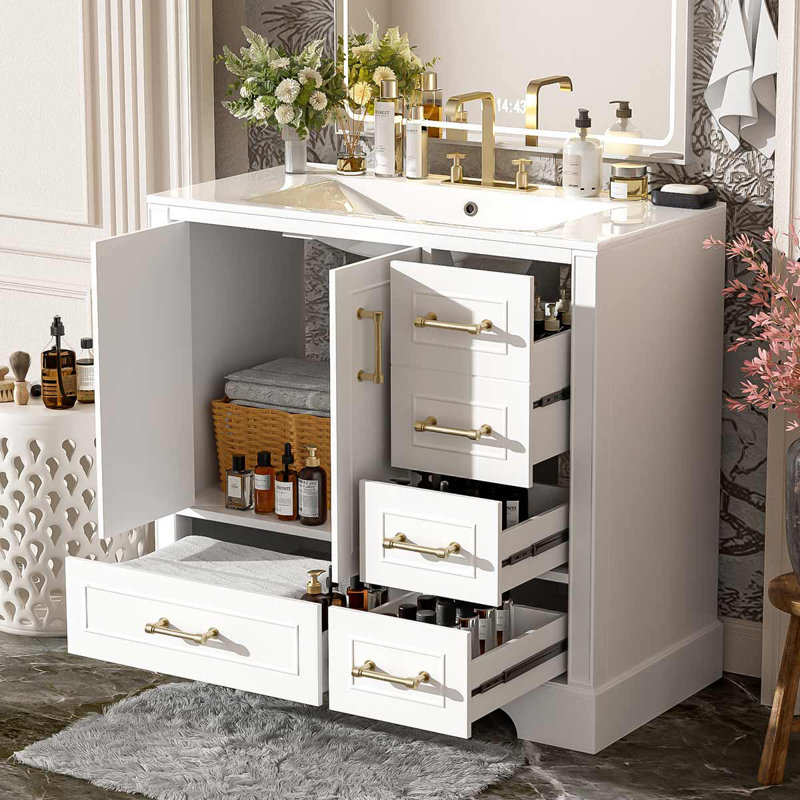 Meuble-lavabo de 36 pouces avec lavabo en céramique, armoire avec deux portes et quatre tiroirs
