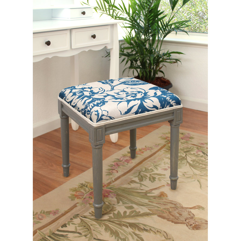Tabouret de coiffeuse en lin gris avec pivoine grise, gris, Bleu marine