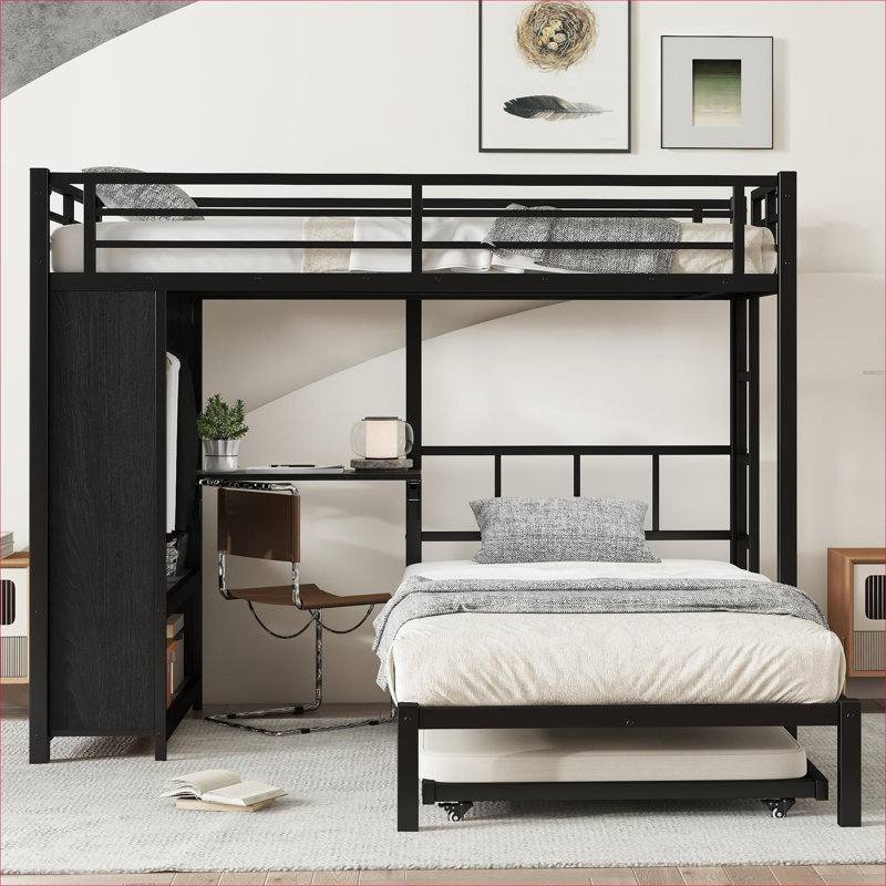 Lit superposé à plateforme pour trois personnes avec garde-robe intégré, lit gigogne et bureau pliable, fabrication en bois aggloméré noir mat