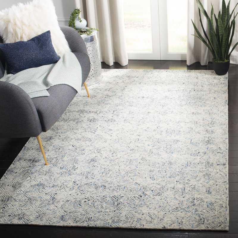 Tapis bleu / ivoire en laine touffeté à la main à motif géométrique, Rectangle 5 pi x 8 pi