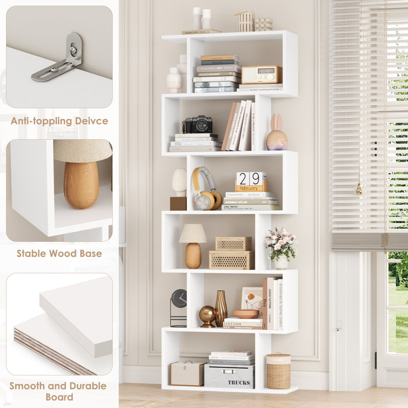 Hermoth 75'' H X 27.6'' W Tall Geometric Bookcase,6-Tier Storage Shelf, Contemporary Display Shelf, White, 1