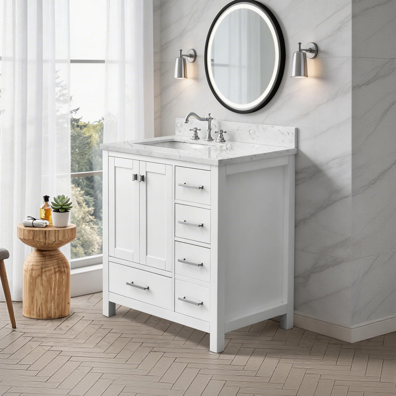 Meuble-lavabo sur pied 36 po avec lavabo, armoire de rangement en bois massif, White