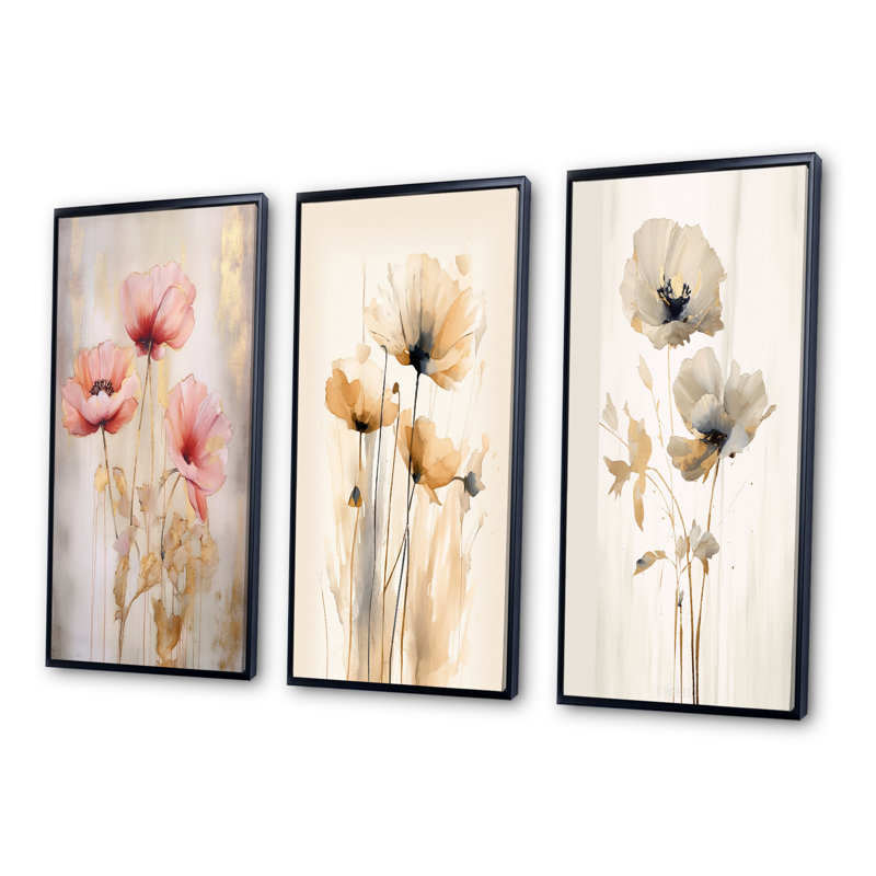 «Coral Vibrant Poppies», 3 pièces, Cadre flottant noir, H 28 po x l 36 po