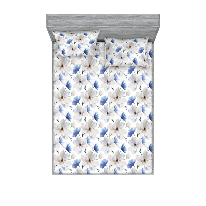 Ambesonne Fitted Sheet & Shams, Cell Blue/Coconut/White Flower, King Sheet Set with 2 Pillowcases