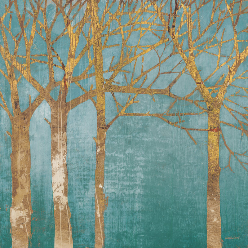 Arbres dorés sur un terrain turquoise, forêt, branches, H 24 po x l 36 po x P 1,5 po