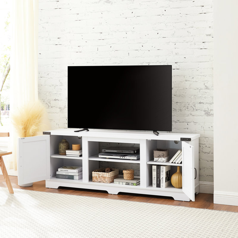Grande console de télévision au design moderne, pour téléviseur de 70 po, blanc, unité de rangement fonctionnelle inspirée, pouvant accueillir