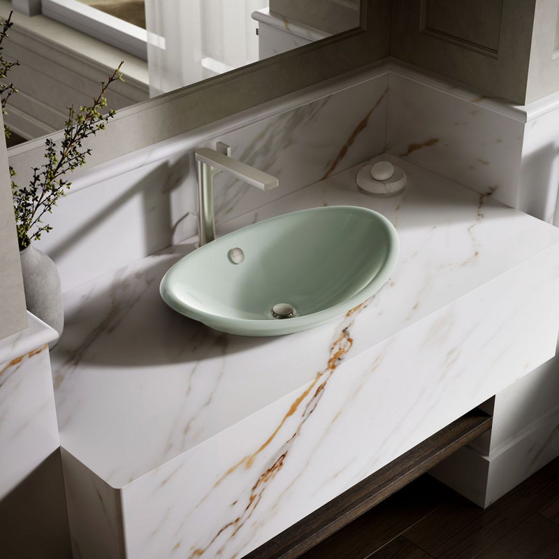 Iron Plains Metal Oval Vessel Bathroom Sink with Overflow, Aspen Green