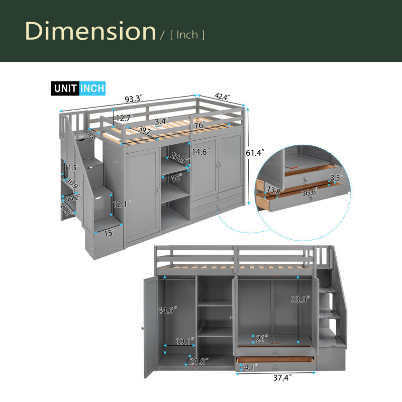 Lit mezzanine fonctionnel avec 3 tablettes, 2 armoires et 2 tiroirs, échelle avec rangement, aucun sommier nécessaire, Gris