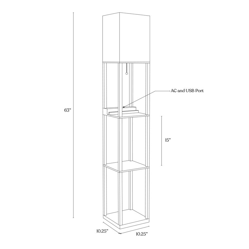 Maxwell 63 in. 3-Shelf USB-Charging LED Floor Lamp with Fabric Square Shade, Beige, Wood