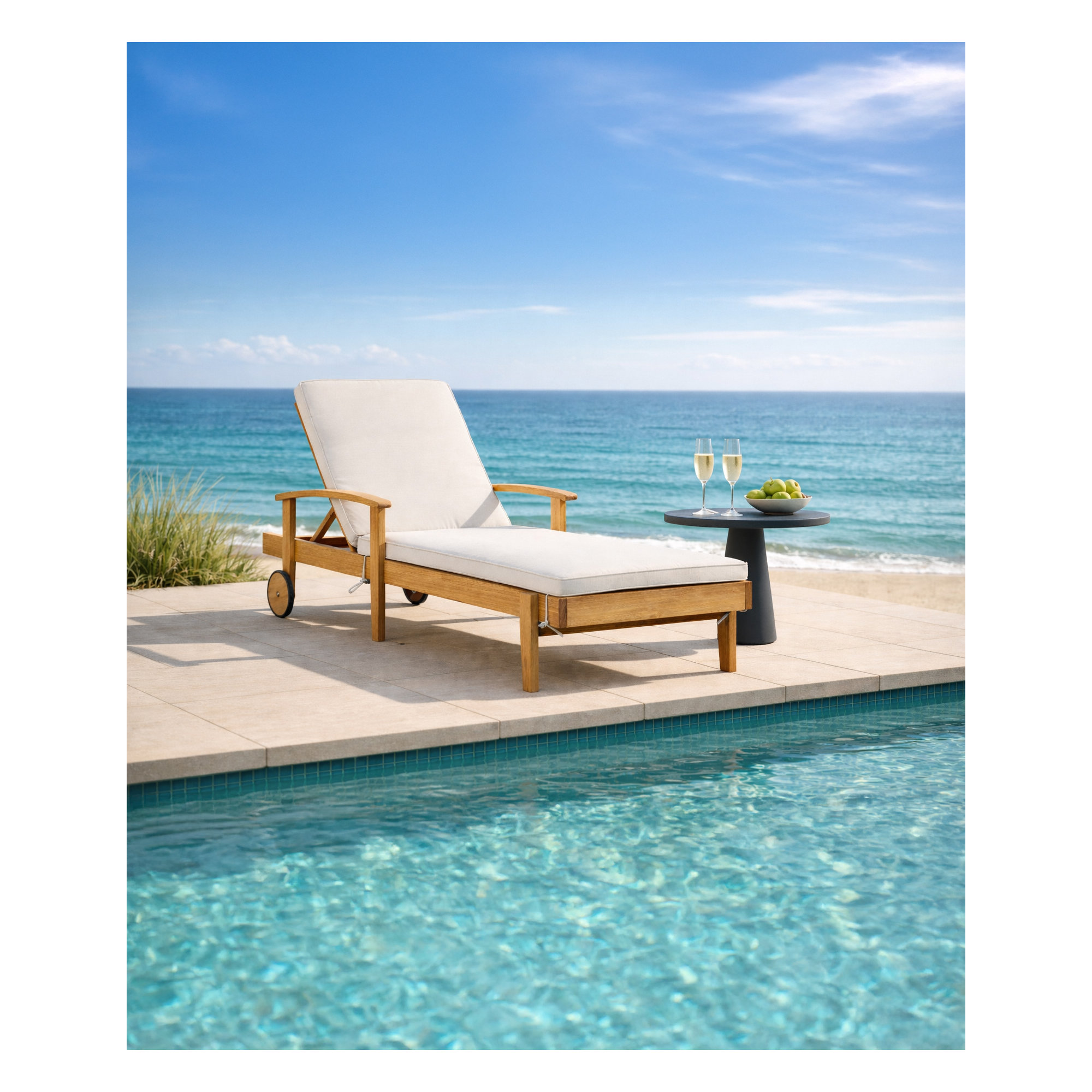Outdoor Eucalyptus Wood Chaise Lounge, Cushion Included