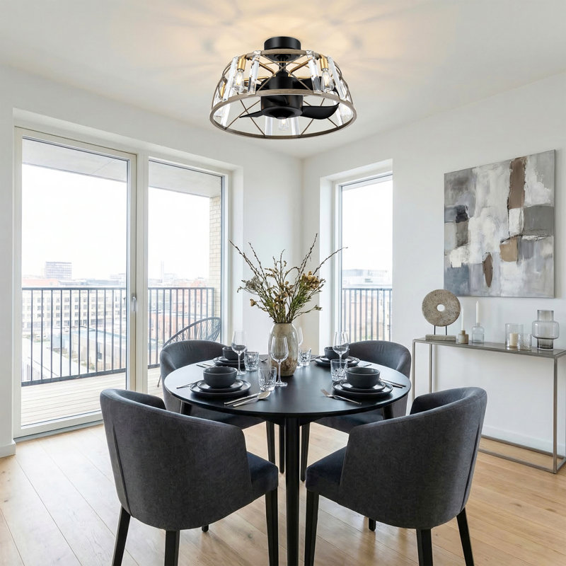 23'' Modern Crystal Flush Mount Ceiling Fan with Remote Control and Light Kit, Low-Profile Bladeless Chandelier Fan