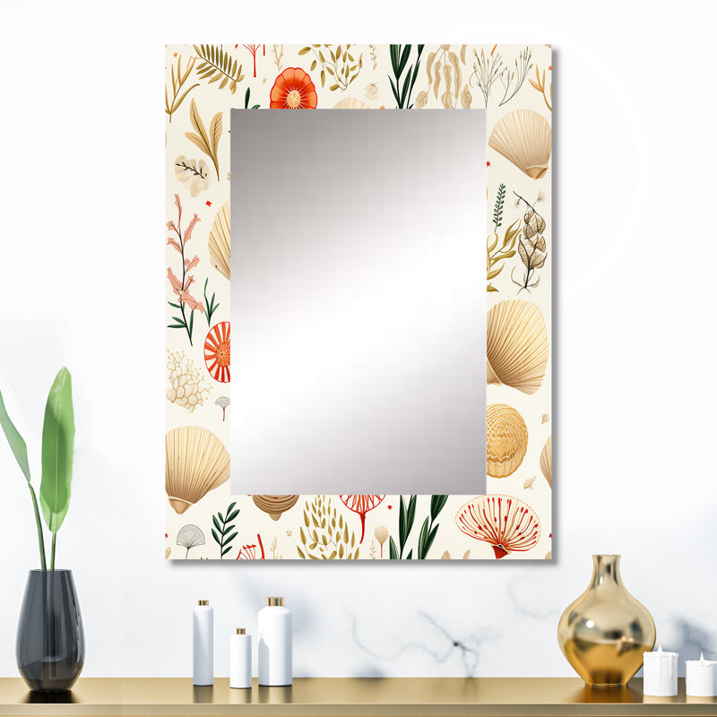 Motif tropical de croquis de coquillage Aloni - grand miroir côtier, miroir mural décoratif nautique, impression d'art en métal