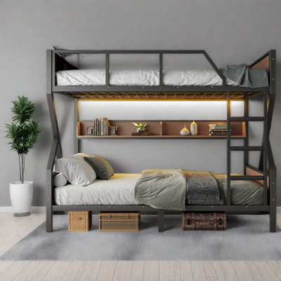 Space-saving Queen Over Queen Metal Bunk Beds With Storage, Modern Black Design