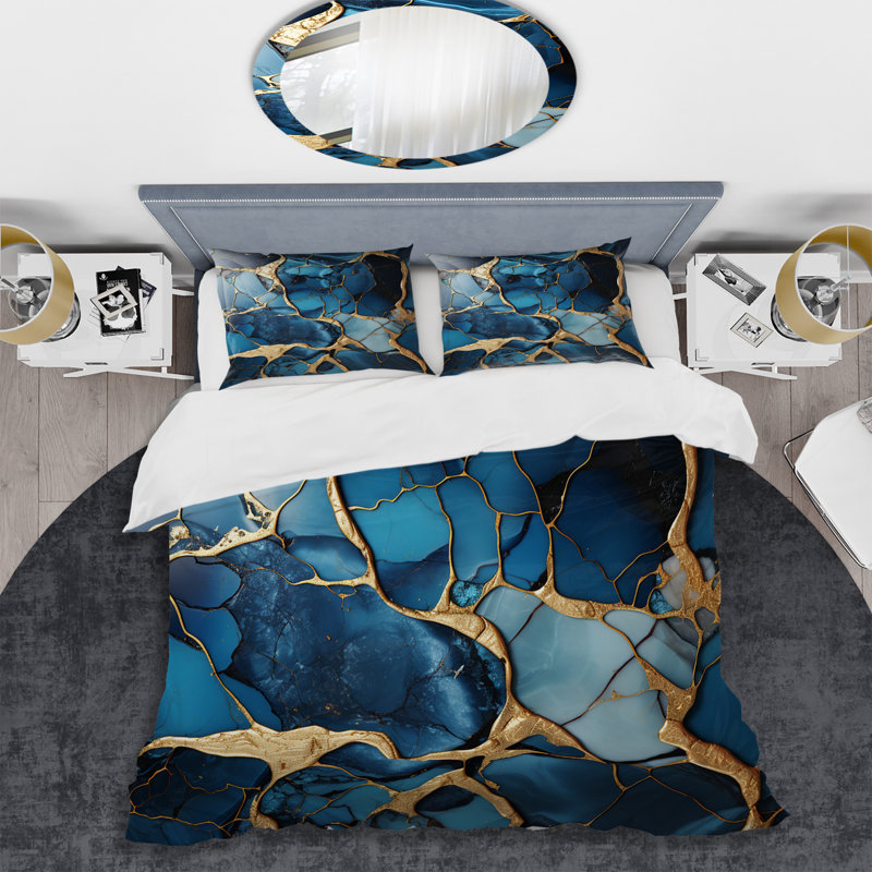 Ensemble de housse de couette abstrait doré et saphir bleu marbré VI, Housse de couette simple + 1 taie décorative stan