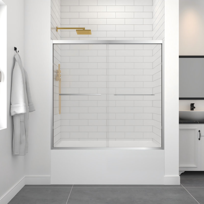 56-60" W x 58" H Aluminum Framed Double Sliding Bath Tub Door with Premium 1/4" (6mm) Clear Tempered Glass, Polished Chrome