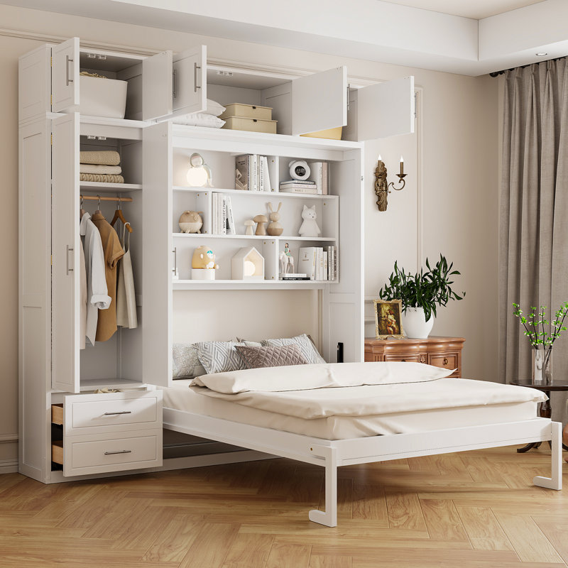 Queen Size Wall Murphy Bed With Top Cabinet,Shelves  And  Wardrobe, Space Saving Foldable Bed,White