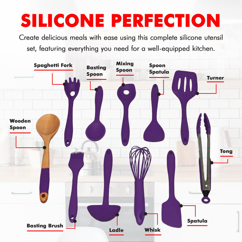 Premium Purple Silicone and Wood 11-Piece Cooking Utensil Set