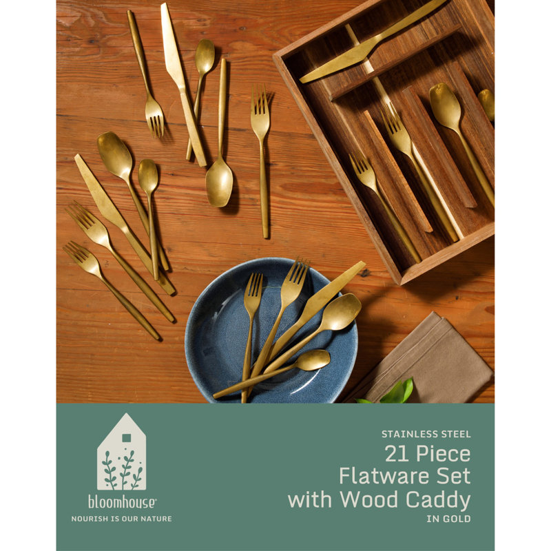 Bloomhouse 20 Piece Stone Washed Flatware 18/10 Stainless Steel Silverware Cutlery Utensil Set With Acacia Wood Caddy , Gold