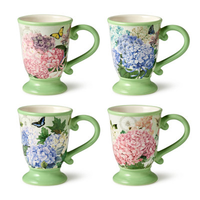 Garden Path Set of 4 Mugs - 14 oz Ceramic Pedestal Coffee Cups with Pink, Purple, and White Hydrangea Floral Design - Dishwasher-Safe, Perfect for Tea, Coffee, and Gifting