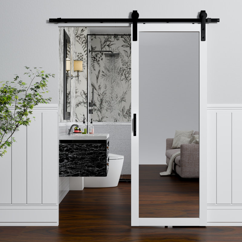 Porte de grange - Panneau coulissant en panneau de fibres à densité moyenne blanc avec panneau coulissant et ensemble de quincaillerie pour garde-manger, garde-robe