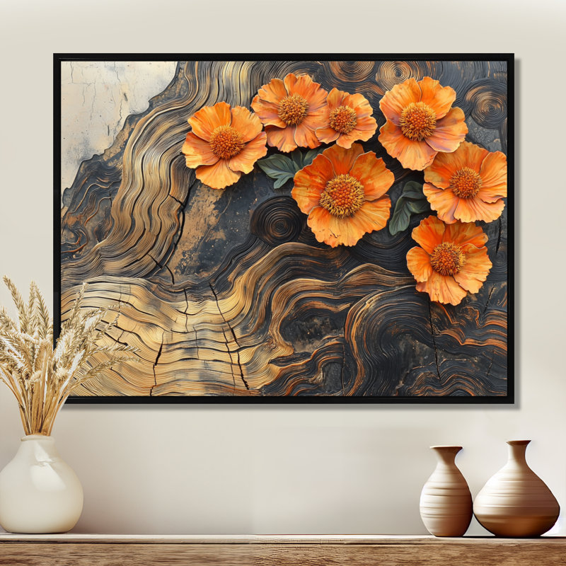 Ihno - Floral Wall Art, H 30 po x l 40 po, Noir, noir, noir, noir, Impression encadrée flottante