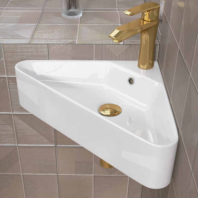 Évier de salle de bain mural en céramique à montage sur plan triangulaire encastré en céramique 22 po x l 16,56 po avec trop-plein encastré en blanc