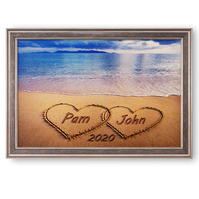 Art mural en toile personnalisé avec cœur et plage avec noms et date personnalisés - Décor romantique en bord de mer pour les couples, les mariages et les anniversaires