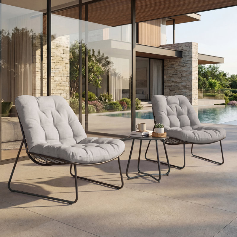 Ensemble 3 pièces de chaises longues avec table d'appoint et coussins, Gris clair, Noir