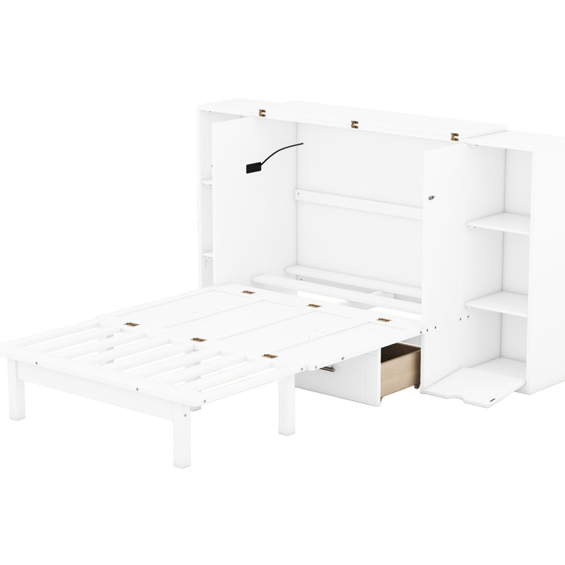 Lit grand format avec options de rangement, tablettes, tiroirs et solutions blanches, Blanc, Grand lit