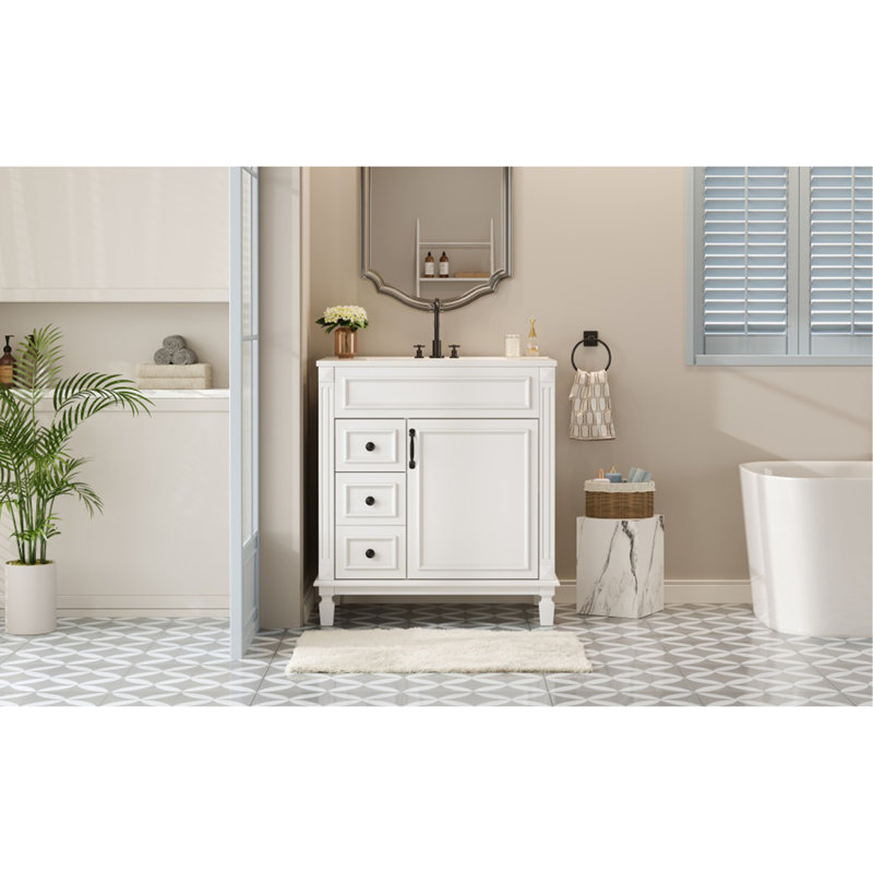 Meuble-lavabo de 30 po avec lavabo en céramique, petite armoire de salle de bain, armoire moderne avec 2 tiroirs et tablette réglable