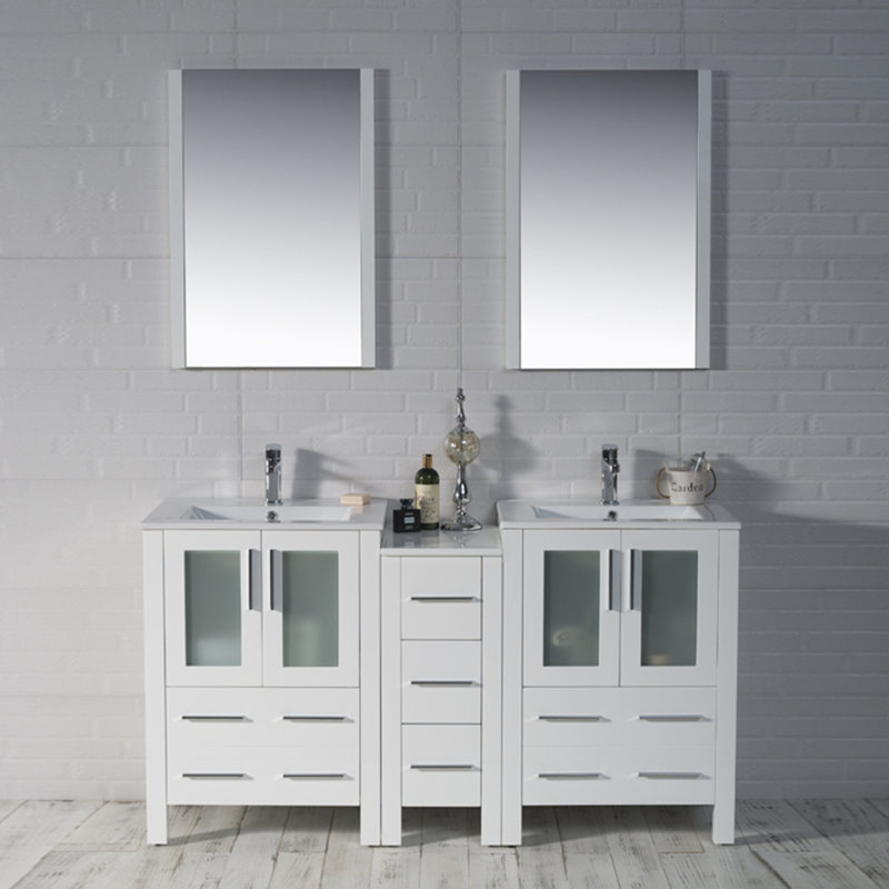 Mance 60.625'' Double Bathroom Vanity with Ceramic Top, Glossy White