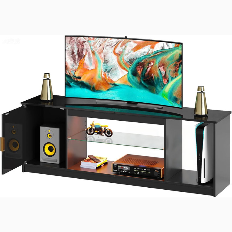 57" Modern Media Console with Adjustable shelf, LED Fluted TV Stand for 65 Inch TV, Glossy TV Console with Cabinet , Black