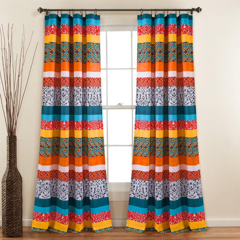 Paire de rideaux semi-transparents avec passe-tringle Boho, L 52 po x L 95 po, Turquoise/Mandarine