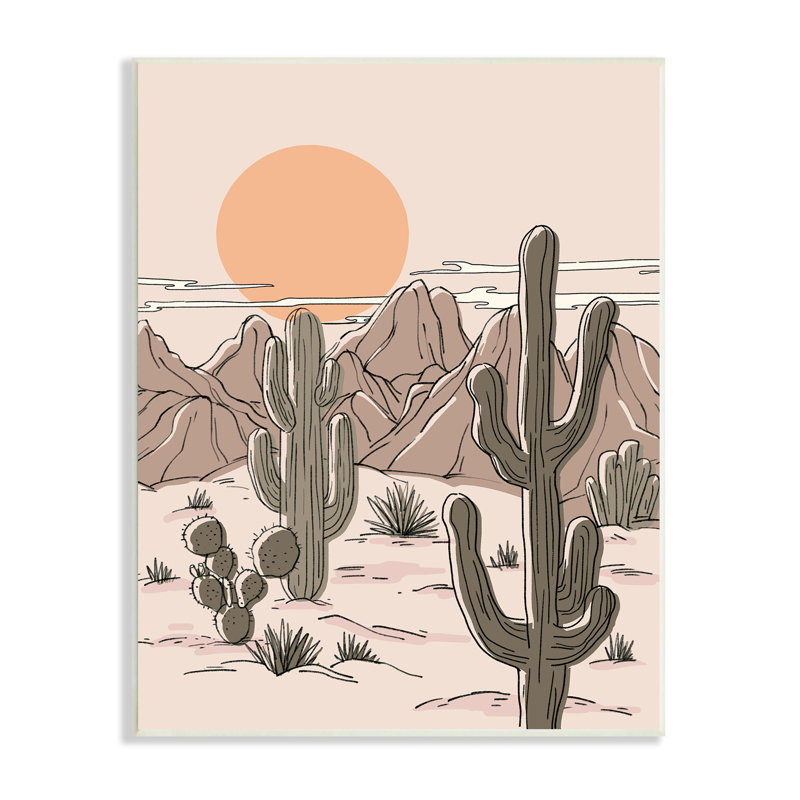 Coucher de soleil, désert, montagne, chaîne de montagnes, cactus, giclée, art texturé par Ziwei Li, H 19 po x l 13 po