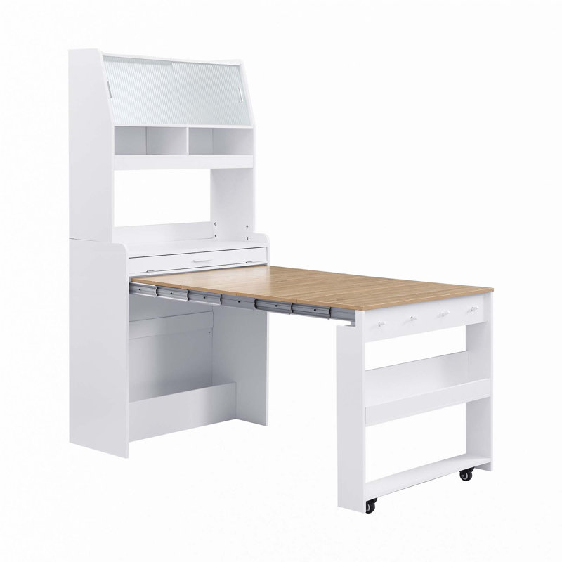Buffet With Hutch And Foldable Dining Table, White, Natural