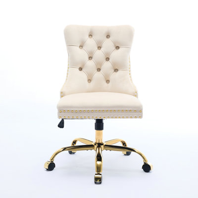 Modern Velvet Office Chair In Beige, With Golden Electroplated Metal Base, Button Design And High Rebound Cushion American Style Beige Adjustable Chair, Upholstered, Hand - Pulled Buttons Base