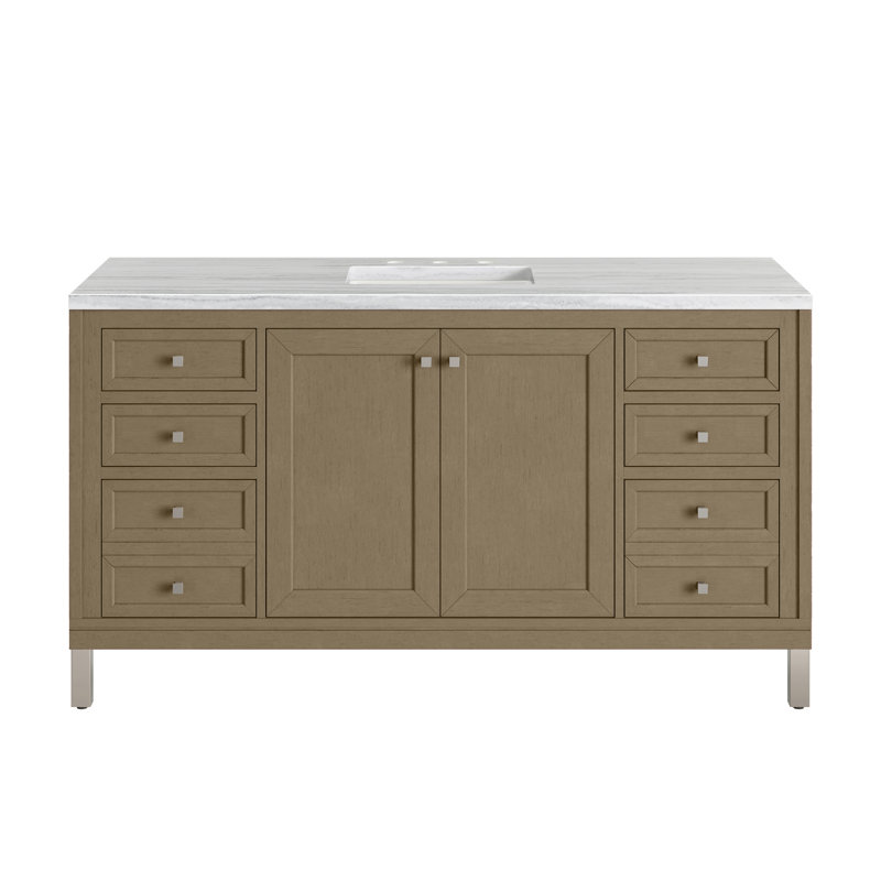 Chicago 60'' W Double Vanity, Walnut Whisper, Carrara White, 8" Widespread